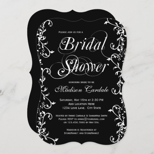 白黒エレガント渦巻きブライダルシャワー 招待状 (正面/裏面)