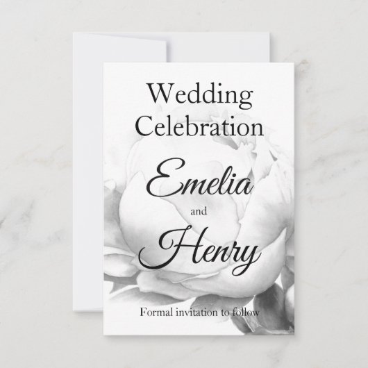 白黒エレガント牡丹フローラ水彩画 セーブザデート (正面)