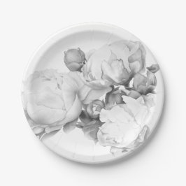 白黒エレガント牡丹フローラ水彩画 ペーパープレート