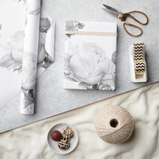 白黒エレガント牡丹フローラ水彩画 ラッピングペーパー (クラフト)