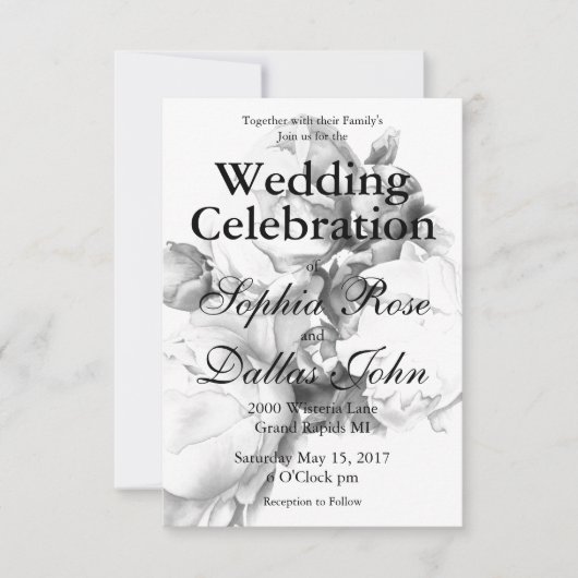 白黒エレガント牡丹フローラ水彩画 招待状 (正面)