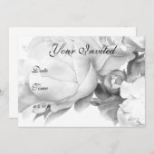 白黒エレガント牡丹フローラ水彩画 招待状 (正面/裏面)