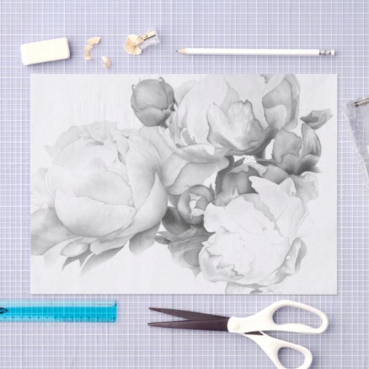 白黒エレガント牡丹フローラ水彩画 薄葉紙 (クラフト)