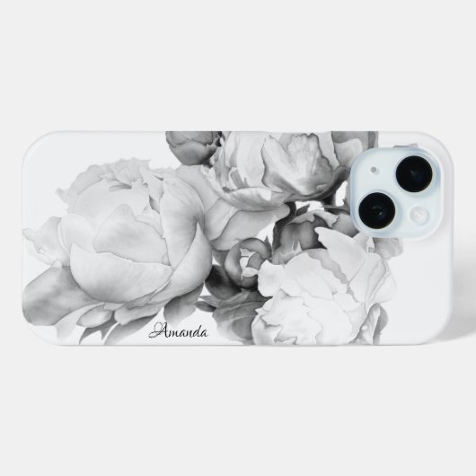 白黒エレガント牡丹フローラ水彩画 Case-Mate iPhoneケース (裏面 (横))