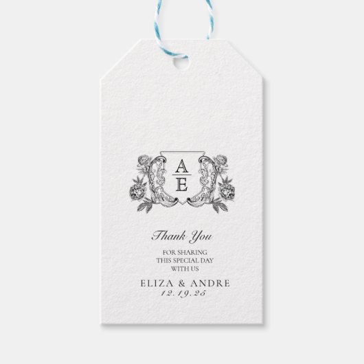 白黒エレガント牡丹フローラ結婚ズ ギフトタグ (正面)