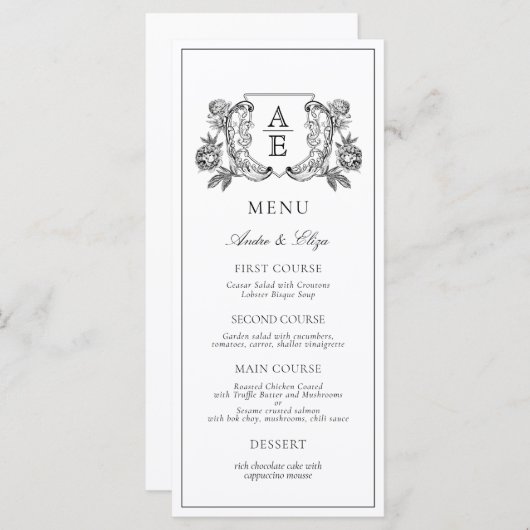 白黒エレガント牡丹フローラ結婚ズ メニュー (正面/裏面)