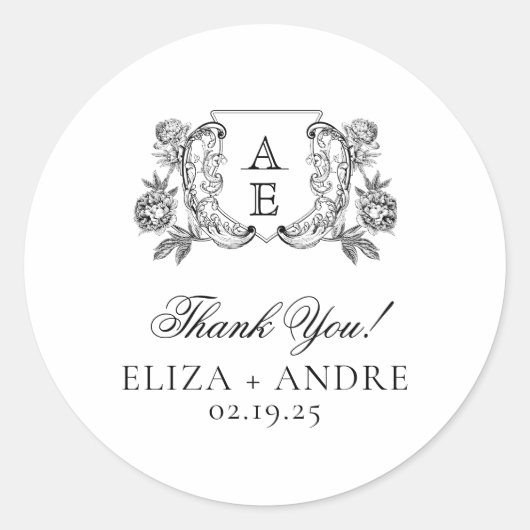 白黒エレガント牡丹フローラ結婚ズ ラウンドシール (正面)