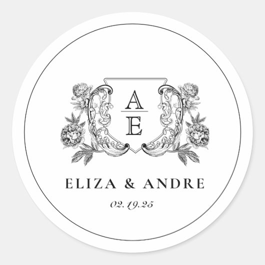 白黒エレガント牡丹フローラ結婚ズ ラウンドシール (正面)