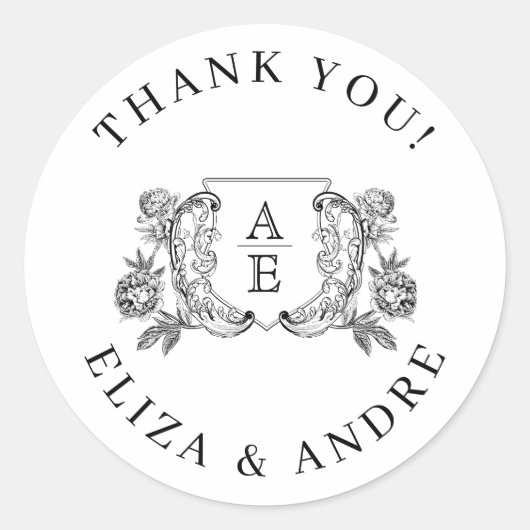 白黒エレガント牡丹フローラ結婚ズ ラウンドシール (正面)