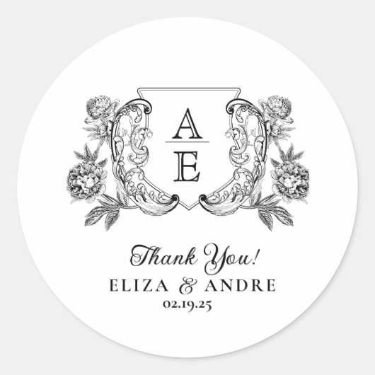 白黒エレガント牡丹フローラ結婚ズ ラウンドシール (正面)