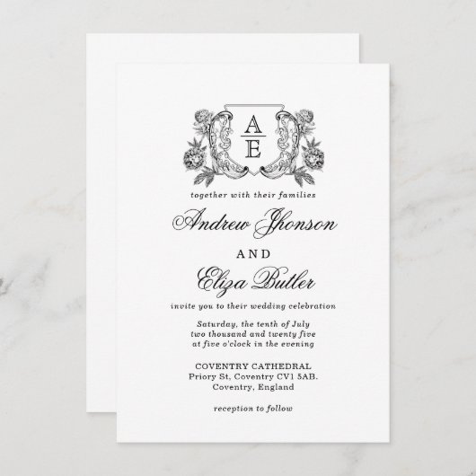 白黒エレガント牡丹フローラ結婚ズ 招待状 (正面/裏面)