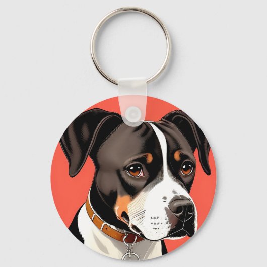 白黒エレガント犬のポートレート キーホルダー (正面)
