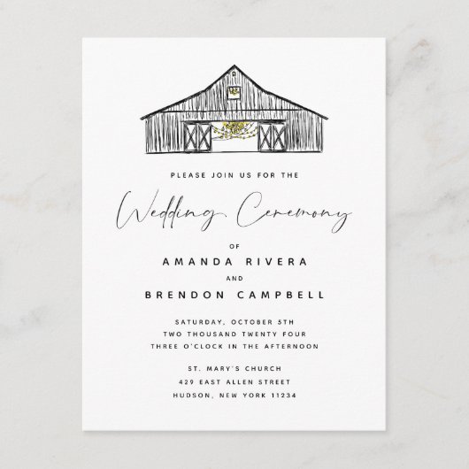 白黒エレガント納屋の式結婚式 エンクロージャーカード (正面)