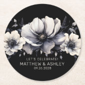 白黒エレガント結婚フローラ ラウンドペーパーコースター (正面)