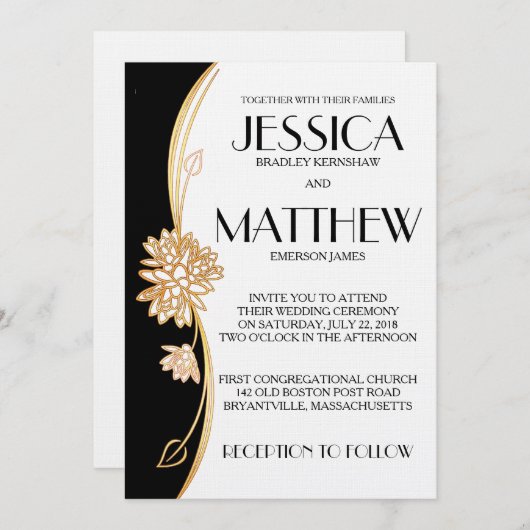 白黒エレガント結婚式招待状 招待状 (正面/裏面)