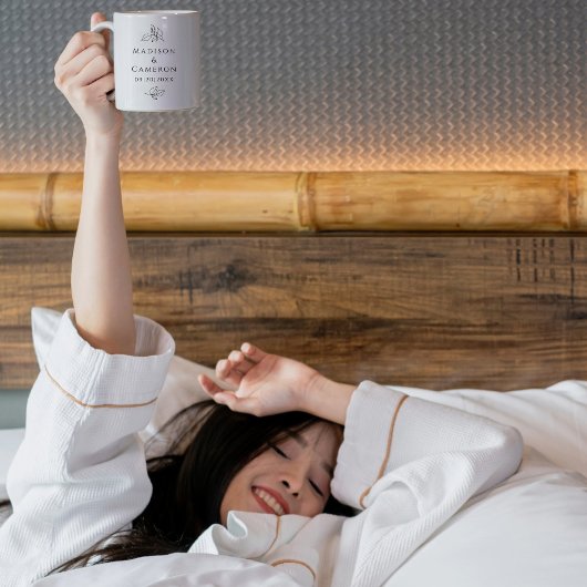 白黒エレガント葉ウェディングズ名日付 コーヒーマグカップ