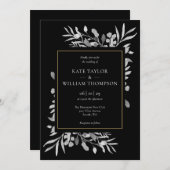 白黒エレガント葉結婚金ゴールド 招待状 (正面/裏面)