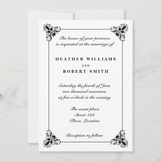 白黒エレガント装飾枠結婚 招待状 (正面)
