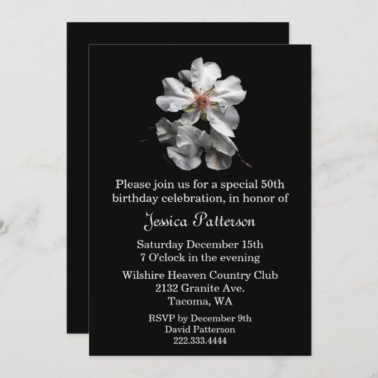 白黒エレガント誕生日パーティーへの招待 招待状 (正面/裏面)