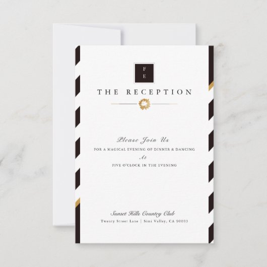 白黒エレガント金ゴールドストライプウェディングレセプション 招待状 (正面)