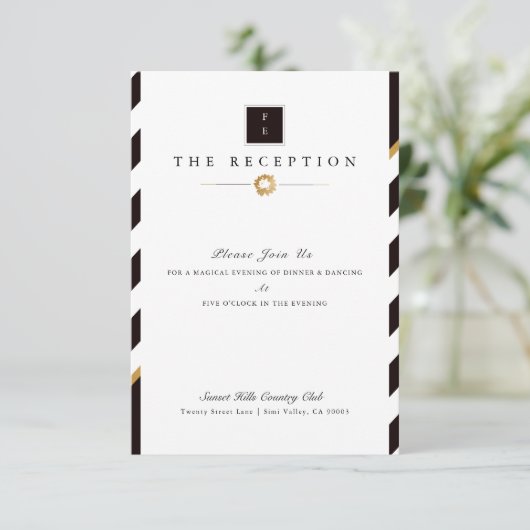 白黒エレガント金ゴールドストライプウェディングレセプション 招待状 (スタンド正面)