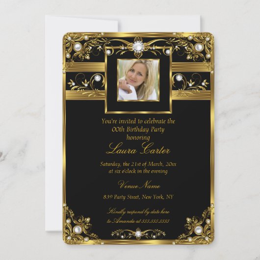 白黒エレガント金ゴールドパールフォト誕生日2 招待状 (正面)