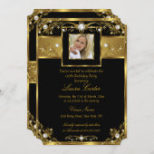 白黒エレガント金ゴールドパールフォト誕生日 招待状 (正面/裏面)