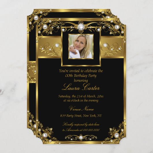 白黒エレガント金ゴールドパールフォト誕生日 招待状 (正面/裏面)
