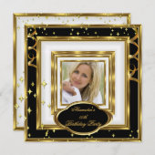 白黒エレガント金ゴールドフォトバースデーパーティー 招待状 (正面/裏面)