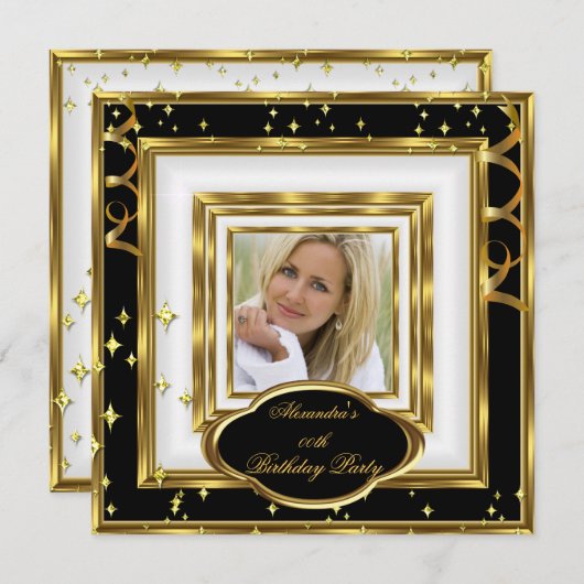 白黒エレガント金ゴールドフォトバースデーパーティー 招待状 (正面/裏面)