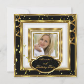 白黒エレガント金ゴールドフォトバースデーパーティー 招待状 (正面)