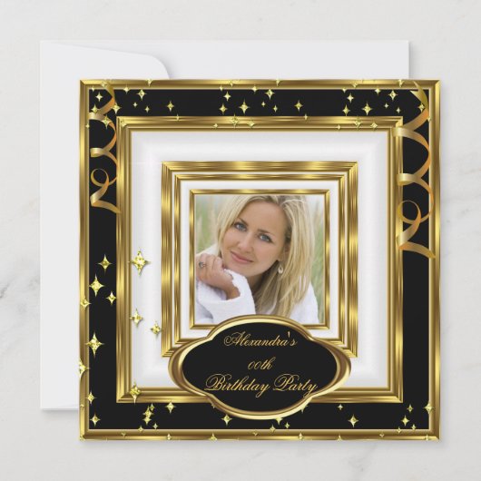 白黒エレガント金ゴールドフォトバースデーパーティー 招待状 (正面)