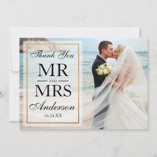 白黒エレガント金ゴールドフレ結婚ームの写真 サンキューカード (正面)