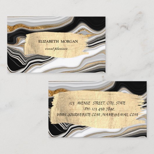 白黒エレガント金ゴールド大理石ブラシストローク 名刺 (正面/裏面)