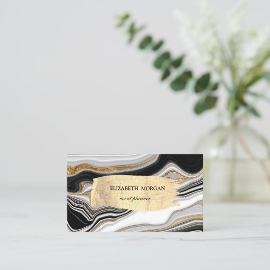 白黒エレガント金ゴールド大理石ブラシストローク 名刺 (スタンド正面)