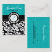 白黒エレガント&ブルーグリーンフローラダマスク 名刺 (正面/裏面)