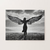 白黒エンジェルウィングを持つシルエットウーマン ジグソーパズル (横)