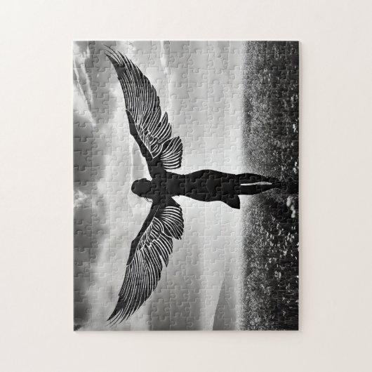 白黒エンジェルウィングを持つシルエットウーマン ジグソーパズル (縦)