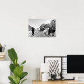 白黒オオカミの川の風景 ポスター (ホームオフィス)