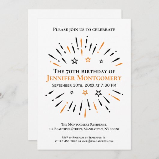 白黒オレンジ70thバースデーパーティー花火 招待状 (正面/裏面)