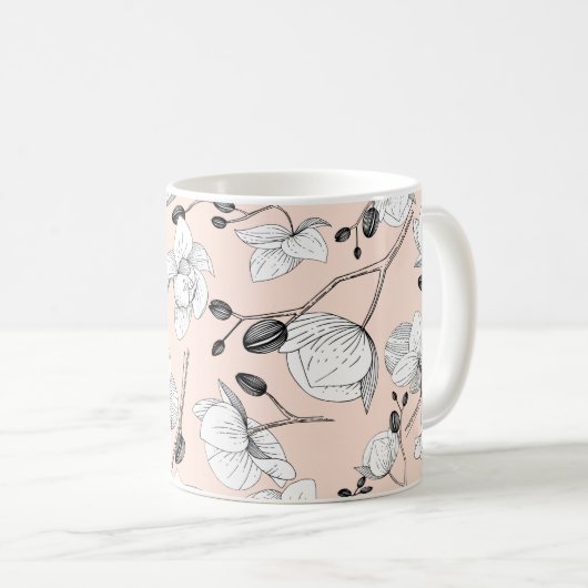 白黒オーキッエレガントドフローラピモダンンク コーヒーマグカップ (正面右)