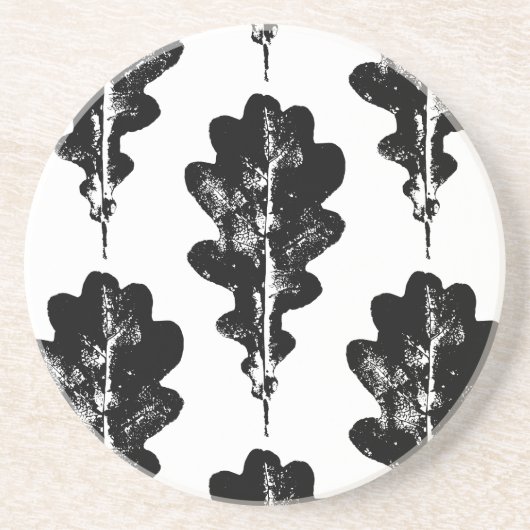 白黒オークリーフプリント砂岩 コースター (正面)