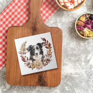 白黒オーストラリアシェパードドッグオータムリース タイル