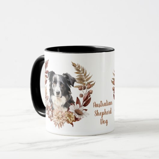 白黒オーストラリアシェパードドッグオータムリース マグカップ (正面左)