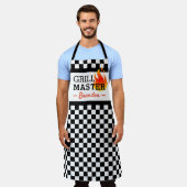 白黒オートカーレースフ市松模様にラグパターン エプロン (着用した状態)