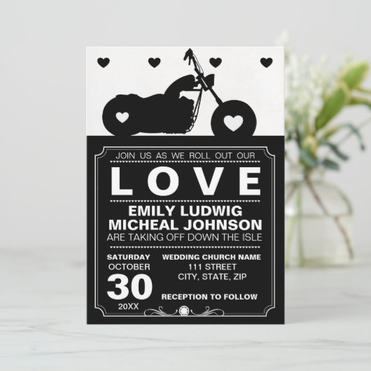 白黒オートバイバイクもしくは自転車に乗る人シルエッ結婚ト 招待状 (スタンド正面)