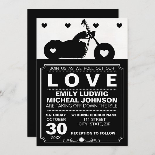 白黒オートバイバイクもしくは自転車に乗る人シルエッ結婚ト 招待状 (正面/裏面)