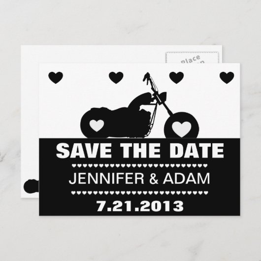 白黒オートバイバイクもしくは自転車に乗る人日付の保存ポスト 案内ポストカード (正面/裏面)