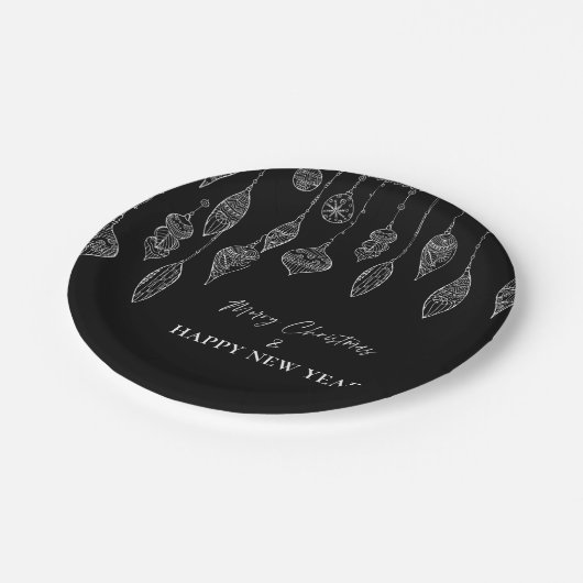 白黒オーナメントクリスマス新年パーティー ペーパープレート (アングル)