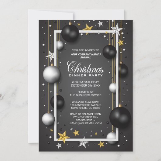 白黒オーナメント企業のクリスマスパーティー 招待状 (正面)